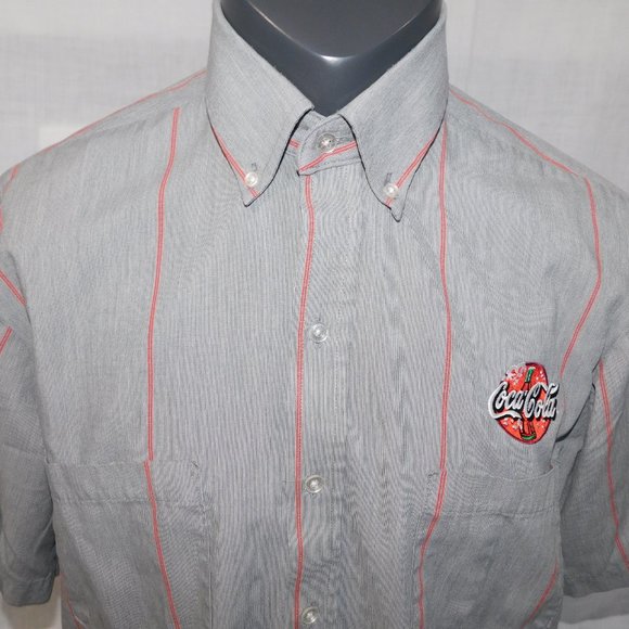 VTG 90s Coca Cola Work Uniform Shirt Mens 16 - 16.5 (M) Red Gray stripe Patch - Picture 2 of 10